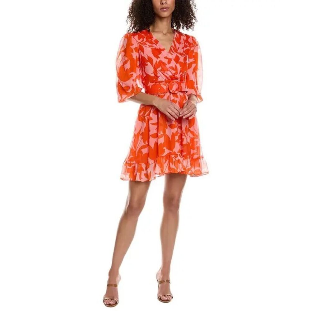 Taylor Floral Chiffon Belted Mini Dress Size 2 Whimsical Romantic